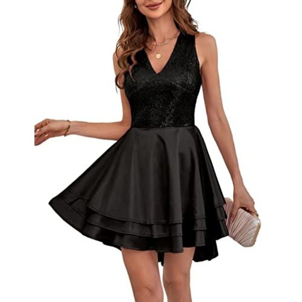 Lrady Womens Sequin Glitter V Neck Skater Mini Club Swing Dress, Black, X-Large